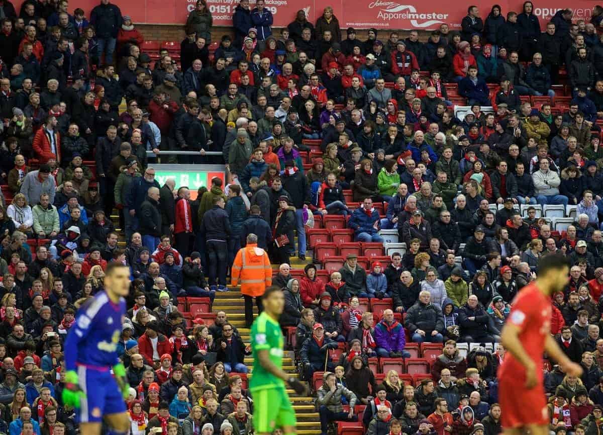 LIVERPOOL, ENGLAND - Saturday, February 6, 2016: Liverpool supporters walk out of the ground on 77 minutes to protest against a £77 ticket price during the Premier League match against Sunderland at Anfield. (Pic by David Rawcliffe/Propaganda)