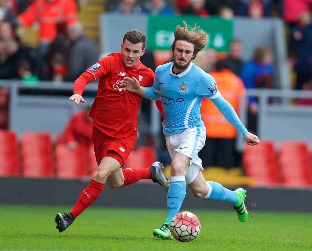 LIVERPOOL, ENGLAND - Sunday, February 7, 2016: Liverpool's Brooks Lennon in action against Manchester City's Aleix Garcia during the Under-21 FA Premier League match at Anfield. (Pic by David Rawcliffe/Propaganda)