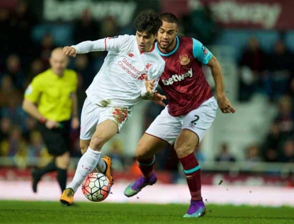 LONDON, ENGLAND - Tuesday, February 9, 2016: Liverpool's Joao Carlos Teixeira in action against West Ham United's Winston Reid during the FA Cup 4th Round Replay match at Upton Park. (Pic by David Rawcliffe/Propaganda)