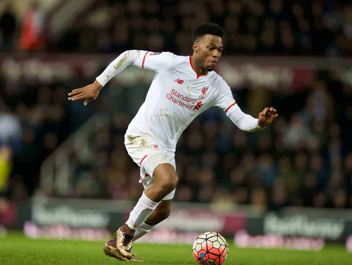 LONDON, ENGLAND - Tuesday, February 9, 2016: Liverpool's Daniel Sturridge in action against West Ham United during the FA Cup 4th Round Replay match at Upton Park. (Pic by David Rawcliffe/Propaganda)
