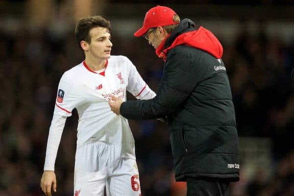 LONDON, ENGLAND - Tuesday, February 9, 2016: Liverpool's manager Jürgen Klopp and Pedro Chirivella during the FA Cup 4th Round Replay match against West Ham United at Upton Park. (Pic by David Rawcliffe/Propaganda)