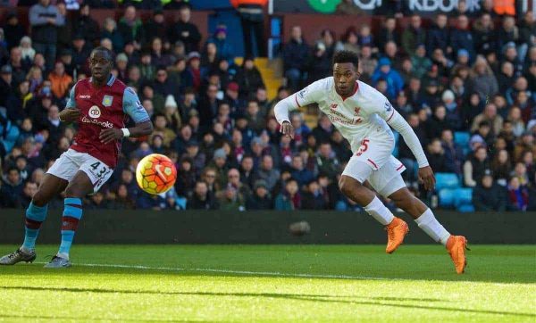 BIRMINGHAM, ENGLAND - Sunday, February 14, 2016: Liverpool's Daniel Sturridge scores the first goal against Aston Villa during the Premier League match at Villa Park. (Pic by David Rawcliffe/Propaganda)