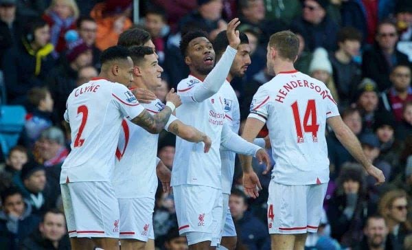 BIRMINGHAM, ENGLAND - Sunday, February 14, 2016: Liverpool's Daniel Sturridge celebrates scoring the first goal against Aston Villa during the Premier League match at Villa Park. (Pic by David Rawcliffe/Propaganda)