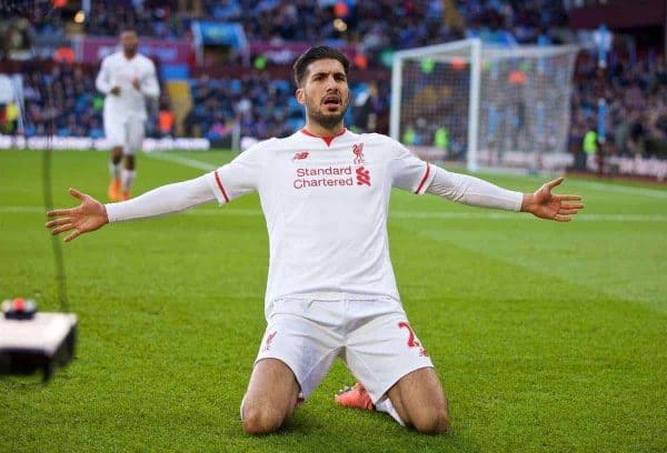 BIRMINGHAM, ENGLAND - Sunday, February 14, 2016: Liverpool's Emre Can celebrates scoring the third goal against Aston Villa during the Premier League match at Villa Park. (Pic by David Rawcliffe/Propaganda)