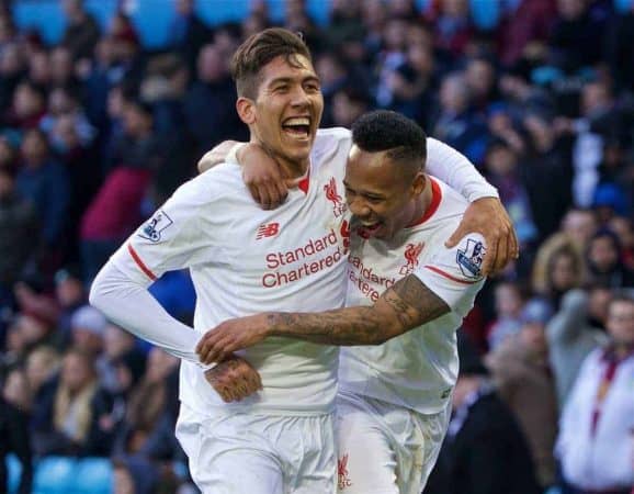 BIRMINGHAM, ENGLAND - Sunday, February 14, 2016: Liverpool's Nathaniel Clyne celebrates scoring the fifth goal against Aston Villa with team-mate Roberto Firmino during the Premier League match at Villa Park. (Pic by David Rawcliffe/Propaganda)