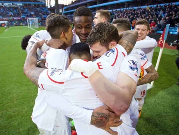 BIRMINGHAM, ENGLAND - Sunday, February 14, 2016: Liverpool's Divock Origi celebrates scoring the fourth goal against Aston Villa with team-mates during the Premier League match at Villa Park. (Pic by David Rawcliffe/Propaganda)