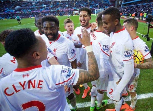 BIRMINGHAM, ENGLAND - Sunday, February 14, 2016: Liverpool's Divock Origi celebrates scoring the fourth goal against Aston Villa during the Premier League match at Villa Park. (Pic by David Rawcliffe/Propaganda)