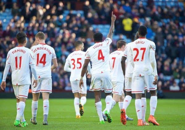 BIRMINGHAM, ENGLAND - Sunday, February 14, 2016: Liverpool's Kolo Toure celebrates scoring the sixth goal against Aston Villa during the Premier League match at Villa Park. (Pic by David Rawcliffe/Propaganda)