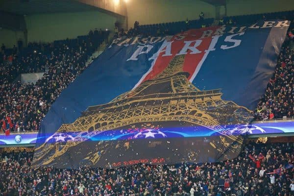 PARIS, FRANCE - Tuesday, February 16, 2016: Paris Saint-Germain supporters unfurl a banner of the Eiffel Tower before the UEFA Champions League Round of 16 1st Leg match against Chelsea at Parc des Princes. (Pic by David Rawcliffe/Propaganda)