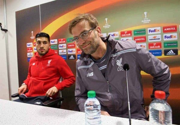 AUGSBURG, GERMANY - Wednesday, February 17, 2016: Liverpool's manager Jürgen Klopp and Emre Can during a press conference ahead of the UEFA Europa League Round of 32 1st Leg match against FC Augsburg at the Augsburg Arena. (Pic by David Rawcliffe/Propaganda)