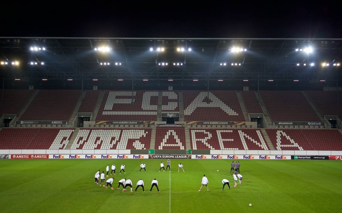 AUGSBURG, GERMANY - Wednesday, February 17, 2016: Liverpool players during a training session ahead of the UEFA Europa League Round of 32 1st Leg match against FC Augsburg at the Augsburg Arena. (Pic by David Rawcliffe/Propaganda)