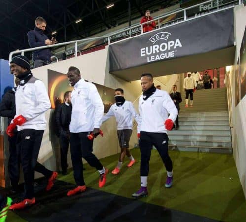 AUGSBURG, GERMANY - Wednesday, February 17, 2016: Liverpool's Christian Benteke, Mamadou Sakho, Philippe Coutinho Correia and Nathaniel Clyne walk out for a training session ahead of the UEFA Europa League Round of 32 1st Leg match against FC Augsburg at the Augsburg Arena. (Pic by David Rawcliffe/Propaganda)