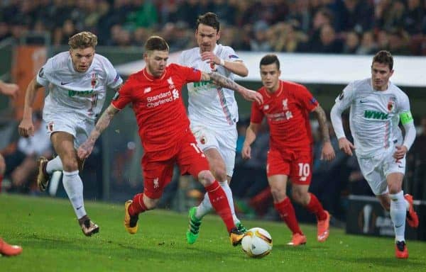 AUGSBURG, GERMANY - Thursday, February 18, 2016: Liverpool's Alberto Moreno in action against FC Augsburg during the UEFA Europa League Round of 32 1st Leg match at the Augsburg Arena. (Pic by David Rawcliffe/Propaganda)