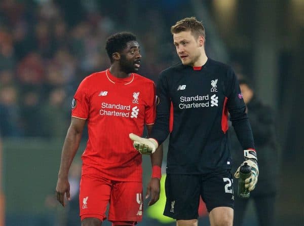 AUGSBURG, GERMANY - Thursday, February 18, 2016: Liverpool's Kolo Toure and goalkeeper Simon Mignolet after the goal-less draw against FC Augsburg during the UEFA Europa League Round of 32 1st Leg match at the Augsburg Arena. (Pic by David Rawcliffe/Propaganda)