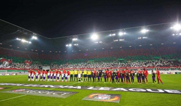 AUGSBURG, GERMANY - Thursday, February 18, 2016: Liverpool and FC Augsburg players before the UEFA Europa League Round of 32 1st Leg match at the Augsburg Arena. (Pic by David Rawcliffe/Propaganda)