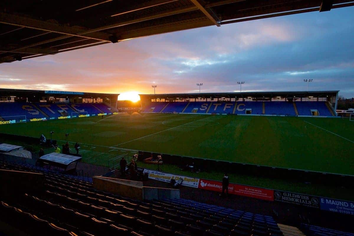 SHREWSBURY, ENGLAND - Monday, February 22, 2016: Sunset over Shrewsbury Town's New Meadow before the FA Cup 5th Round match against Manchester United at The New Meadow. (Pic by David Rawcliffe/Propaganda)