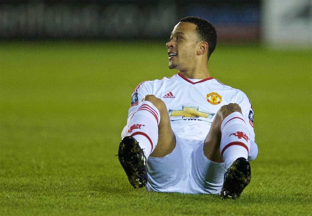 SHREWSBURY, ENGLAND - Monday, February 22, 2016: Manchester United's Memphis Depay looks dejected after missing a chance against Shrewsbury Town during the FA Cup 5th Round match at The New Meadow. (Pic by David Rawcliffe/Propaganda)