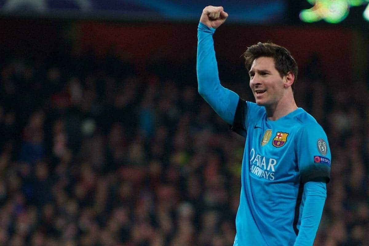 LONDON, ENGLAND - Tuesday, February 23, 2016: Barcelona's Lionel Messi celebrates scoring the first goal against Arsenal during the UEFA Champions League Round of 16 1st Leg match at the Emirates Stadium. (Pic by Kirsten Holst/Propaganda)