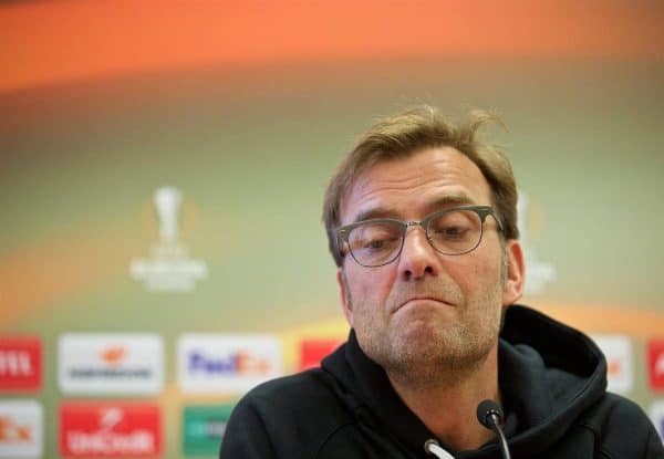 LIVERPOOL, ENGLAND - Wednesday, February 24, 2016: Liverpool's manager Jürgen Klopp during a press conference ahead of the UEFA Europa League Round of 32 1st Leg match against FC Augsburg. (Pic by David Rawcliffe/Propaganda)