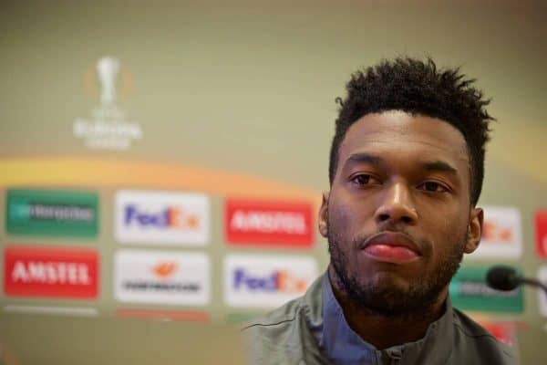 LIVERPOOL, ENGLAND - Wednesday, February 24, 2016: Liverpool's Daniel Sturridge during a press conference ahead of the UEFA Europa League Round of 32 1st Leg match against FC Augsburg. (Pic by David Rawcliffe/Propaganda)