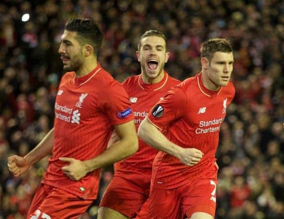 LIVERPOOL, ENGLAND - Thursday, February 25, 2016: Liverpool's James Milner celebrates scoring the first goal against FC Augsburg from the penalty kick during the UEFA Europa League Round of 32 1st Leg match at Anfield. (Pic by David Rawcliffe/Propaganda)