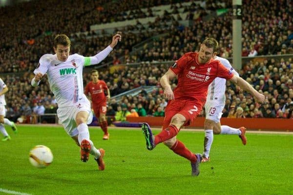 LIVERPOOL, ENGLAND - Thursday, February 25, 2016: Liverpool's James Milner in action against FC Augsburg during the UEFA Europa League Round of 32 1st Leg match at Anfield. (Pic by David Rawcliffe/Propaganda)