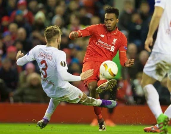 LIVERPOOL, ENGLAND - Thursday, February 25, 2016: Liverpool's Daniel Sturridge in action against FC Augsburg during the UEFA Europa League Round of 32 1st Leg match at Anfield. (Pic by David Rawcliffe/Propaganda)