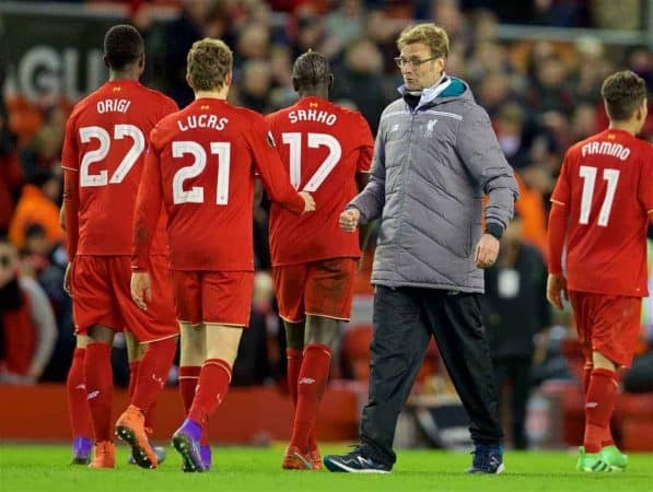 LIVERPOOL, ENGLAND - Thursday, February 25, 2016: Liverpool's manager Jürgen Klopp celebrates with Lucas Leiva after his side's 1-0 victory over FC Augsburg during the UEFA Europa League Round of 32 1st Leg match at Anfield. (Pic by David Rawcliffe/Propaganda)