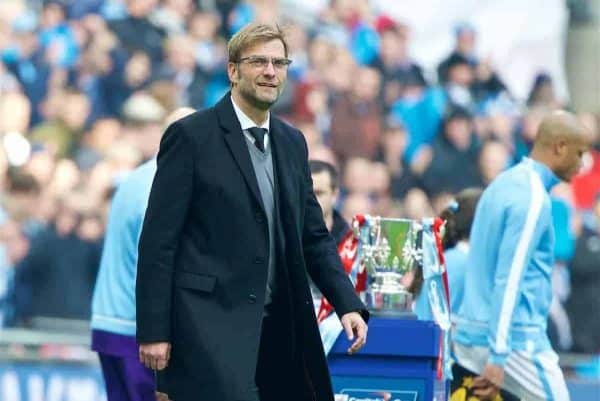 LONDON, ENGLAND - Sunday, February 28, 2016: Liverpool's manager Jürgen Klopp walks out before the Football League Cup Final match against Manchester City at Wembley Stadium. (Pic by David Rawcliffe/Propaganda)