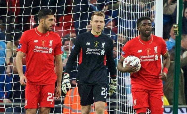 LONDON, ENGLAND - Sunday, February 28, 2016: Liverpool's goalkeeper Simon Mignolet looks dejected as Manchester City score the opening goal during the Football League Cup Final match at Wembley Stadium. (Pic by David Rawcliffe/Propaganda)