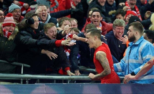 LONDON, ENGLAND - Sunday, February 28, 2016: Liverpool's Philippe Coutinho Correia celebrates scoring the first goal against Manchester City during the Football League Cup Final match at Wembley Stadium. (Pic by David Rawcliffe/Propaganda)