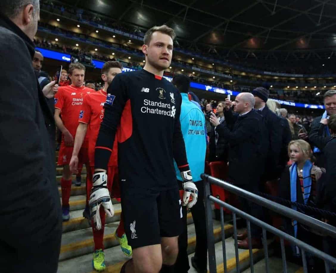 LONDON, ENGLAND - Sunday, February 28, 2016: Liverpool's goalkeeper Simon Mignolet looks dejected after picking up his runners-up medal after losing on penalties to Manchester City during the Football League Cup Final match at Wembley Stadium. (Pic by John Walton/Pool/Propaganda)