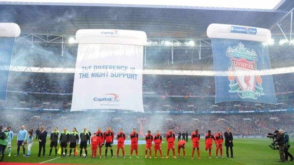 LONDON, ENGLAND - Sunday, February 28, 2016: Liverpool players before the Football League Cup Final match against Manchester City at Wembley Stadium. (Pic by Jason Roberts/Pool/Propaganda)