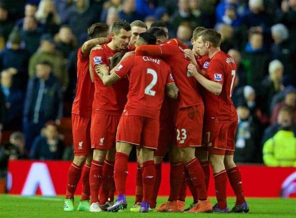 LIVERPOOL, ENGLAND - Wednesday, March 2, 2016: Liverpool's Adam Lallana scelebrates scoring the first goal against Manchester City during the Premier League match at Anfield. (Pic by David Rawcliffe/Propaganda)