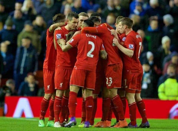 LIVERPOOL, ENGLAND - Wednesday, March 2, 2016: Liverpool's Adam Lallana scelebrates scoring the first goal against Manchester City during the Premier League match at Anfield. (Pic by David Rawcliffe/Propaganda)