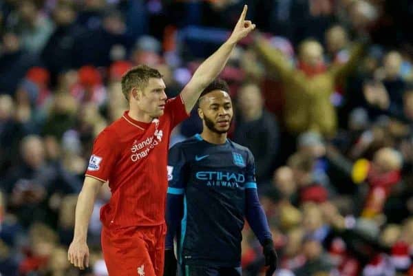 LIVERPOOL, ENGLAND - Wednesday, March 2, 2016: Liverpool's James Milner celebrates scoring the second goal against Manchester City as Raheem Sterling looks on during the Premier League match at Anfield. (Pic by David Rawcliffe/Propaganda)