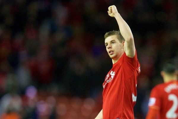 LIVERPOOL, ENGLAND - Wednesday, March 2, 2016: Liverpool's Jon Flanagan celebrates after the 3-0 victory over Manchester City during the Premier League match at Anfield. (Pic by David Rawcliffe/Propaganda)