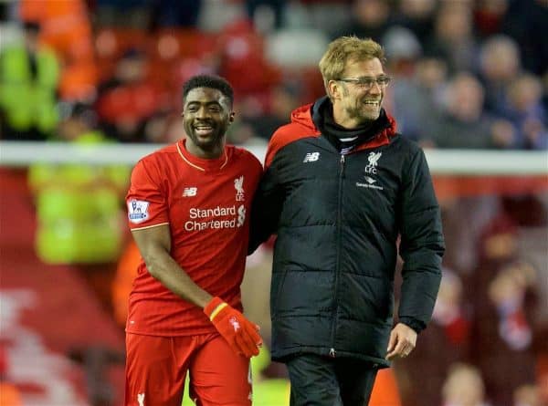 LIVERPOOL, ENGLAND - Wednesday, March 2, 2016: Liverpool's manager Jürgen Klopp celebrates with Kolo Toure after the 3-0 victory over Manchester City during the Premier League match at Anfield. (Pic by David Rawcliffe/Propaganda)
