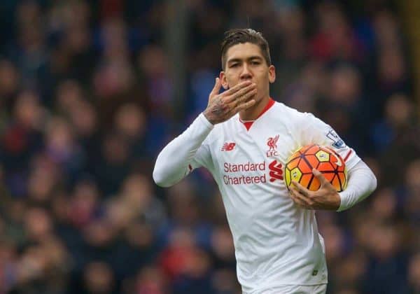 LONDON, ENGLAND - Sunday, March 6, 2016: Liverpool's Roberto Firmino celebrates scoring the first goal against Crystal Palace during the Premier League match at Selhurst Park. (Pic by David Rawcliffe/Propaganda)