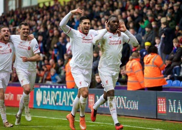 LONDON, ENGLAND - Sunday, March 6, 2016: Liverpool's Christian Benteke celebrates scoring the winning second goal against Crystal Palace from a penalty kick with team-mate Emre Can during the Premier League match at Selhurst Park. (Pic by David Rawcliffe/Propaganda)