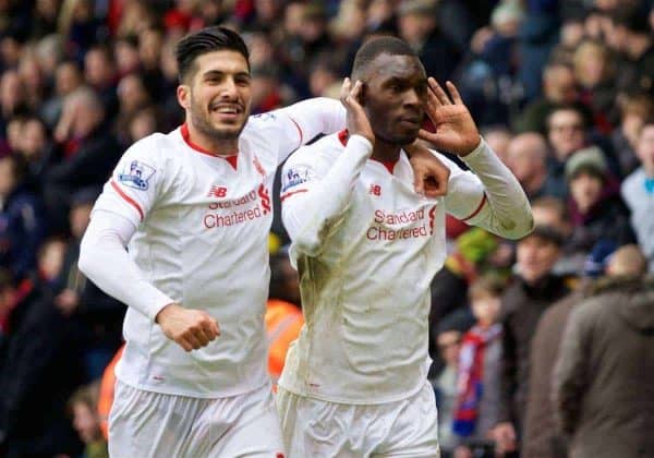 LONDON, ENGLAND - Sunday, March 6, 2016: Liverpool's Christian Benteke celebrates scoring the winning second goal against Crystal Palace from a penalty kick with team-mate Emre Can during the Premier League match at Selhurst Park. (Pic by David Rawcliffe/Propaganda)