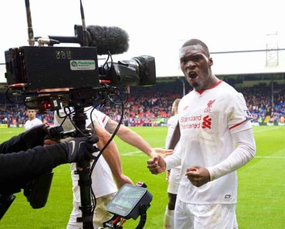 LONDON, ENGLAND - Sunday, March 6, 2016: Liverpool's Christian Benteke celebrates scoring the winning second goal against Crystal Palace from a penalty kick during the Premier League match at Selhurst Park. (Pic by David Rawcliffe/Propaganda)