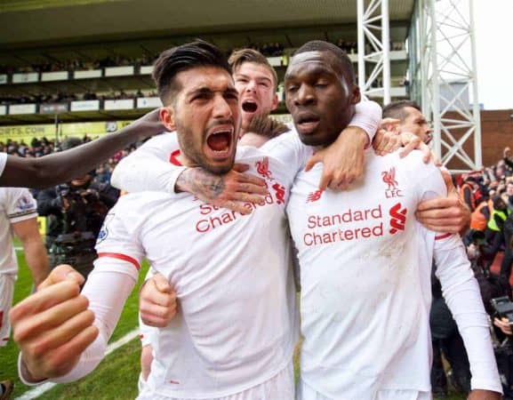 LONDON, ENGLAND - Sunday, March 6, 2016: Liverpool's Christian Benteke celebrates scoring the winning second goal against Crystal Palace from a penalty kick with team-mate Emre Can during the Premier League match at Selhurst Park. (Pic by David Rawcliffe/Propaganda)