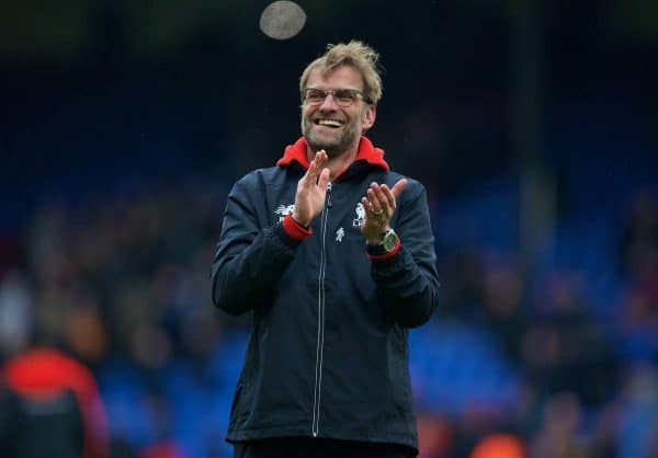 LONDON, ENGLAND - Sunday, March 6, 2016: Liverpool's manager Jürgen Klopp celebrates his side's injury time 2-1 victory over Crystal Palace during the Premier League match at Selhurst Park. (Pic by David Rawcliffe/Propaganda)