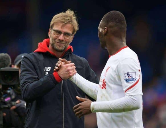 LONDON, ENGLAND - Sunday, March 6, 2016: Liverpool's manager Jürgen Klopp celebrates his side's injury time 2-1 victory over Crystal Palace with match-winning goal-scorer Christian Benteke during the Premier League match at Selhurst Park. (Pic by David Rawcliffe/Propaganda)