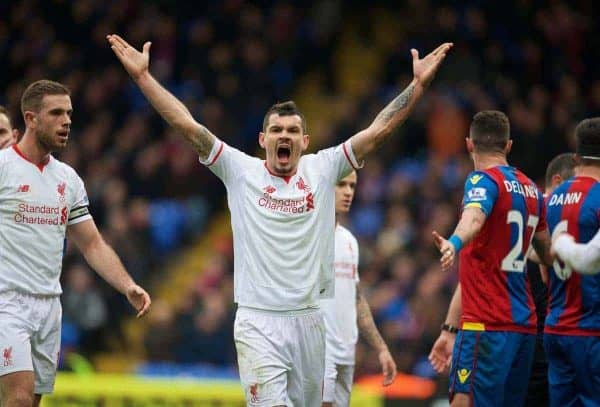 LONDON, ENGLAND - Sunday, March 6, 2016: Liverpool's Dejan Lovren celebrates as a late injury time penalty is awarded against Crystal Palace during the Premier League match at Selhurst Park. (Pic by David Rawcliffe/Propaganda)