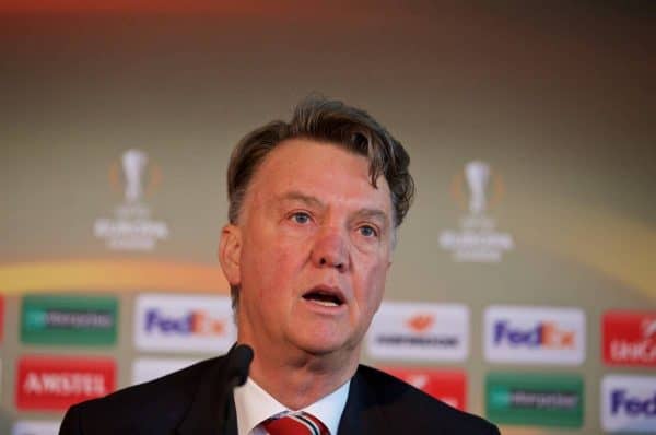 MANCHESTER, ENGLAND - Wednesday, March 9, 2016: Manchester United's manager Louis van Gaal during a press conference ahead of the UEFA Europa League Round of 16 1st Leg match against Liverpool FC. (Pic by David Rawcliffe/Propaganda)