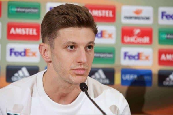 LIVERPOOL, ENGLAND - Wednesday, March 9, 2016: Liverpool's Adam Lallana during a press conference at Melwood Training Ground ahead of the UEFA Europa League Round of 16 1st Leg match against Manchester United FC. (Pic by David Rawcliffe/Propaganda)