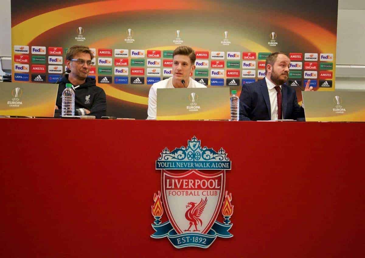 LIVERPOOL, ENGLAND - Wednesday, March 9, 2016: Liverpool's manager Jürgen Klopp, Adam Lallana during a press conference at Melwood Training Ground ahead of the UEFA Europa League Round of 16 1st Leg match against Manchester United FC. (Pic by David Rawcliffe/Propaganda)