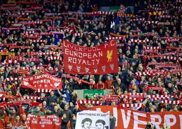 MANCHESTER, ENGLAND - Thursday, March 10, 2016: Liverpool supporters on the Spion Kop before the UEFA Europa League Round of 16 1st Leg match against Manchester United at Anfield. (Pic by David Rawcliffe/Propaganda)
